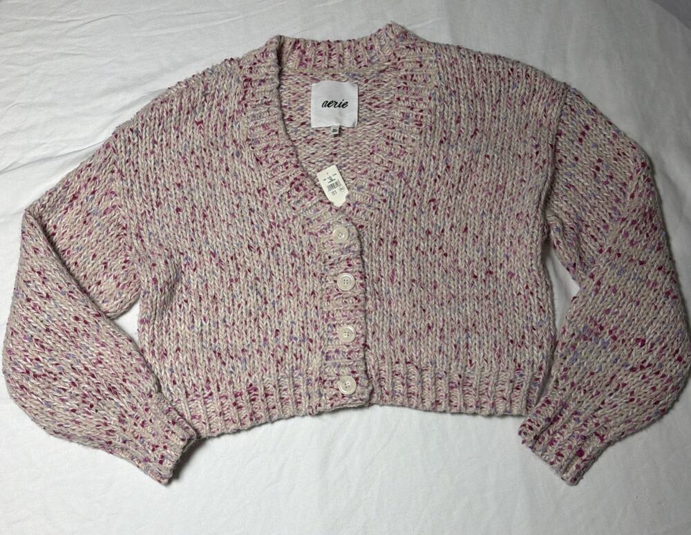 NWT Aerie Cropped Party Knit Chunky Oversized V-Neck Cardigan Sweater - Size S